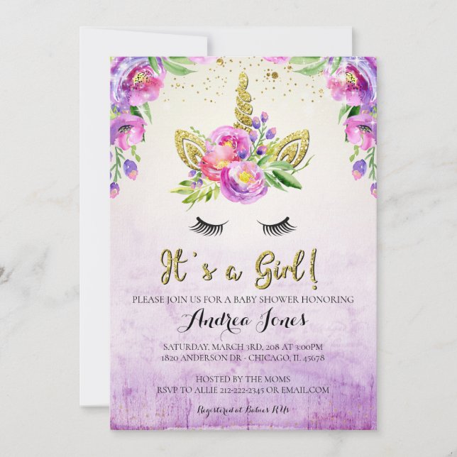 Gold Glitter Floral Unicorn Baby Shower Invitation (Front)