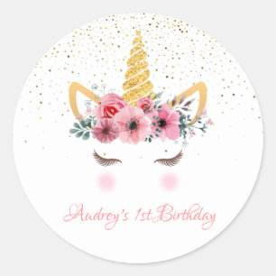 Gold Glitter   Floral Unicorn Horn Birthday Baby Classic Round Sticker