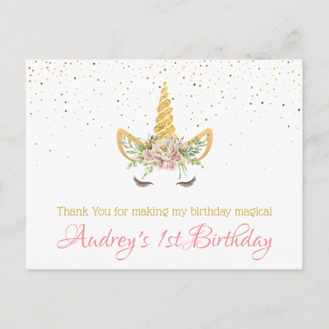 Gold Glitter | Floral Unicorn Horn Birthday Baby Holiday Postcard (Front)
