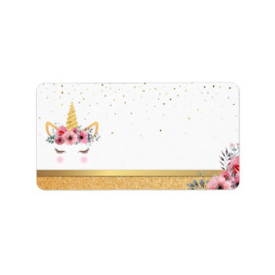 Gold Glitter Floral Unicorn Horn Birthday Baby Label