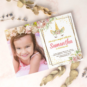 Gold Glitter   Floral Unicorn Horn Birthday Photo Invitation