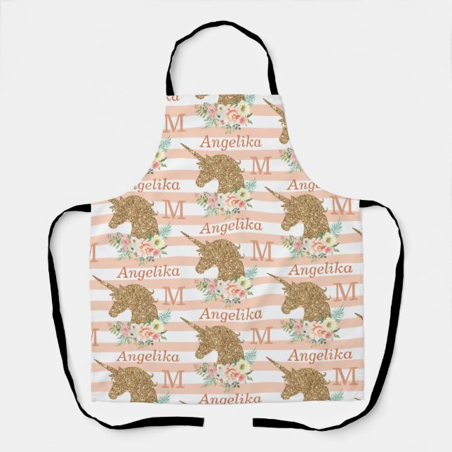 Gold Glitter Floral Unicorn Pattern Name Apron (Front)