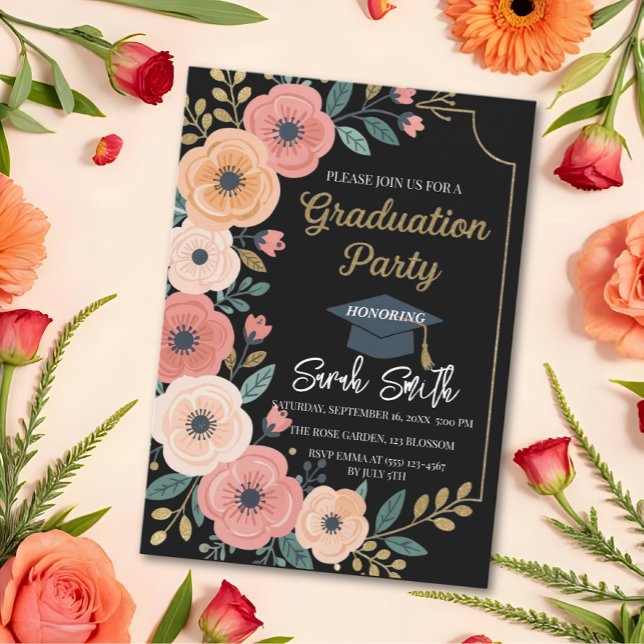 Gold glitter floral watercolor photo graduation  invitation (Creator Uploaded)