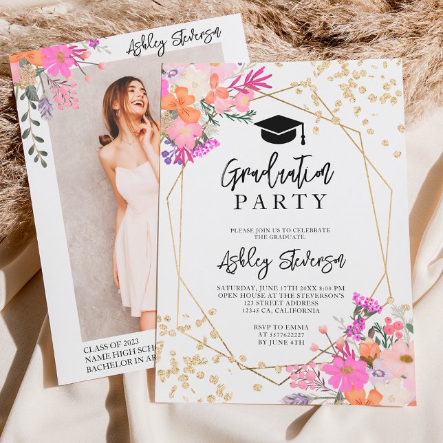 Gold glitter floral watercolor photo graduation invitation (Gold glitter floral watercolor photo graduation)
