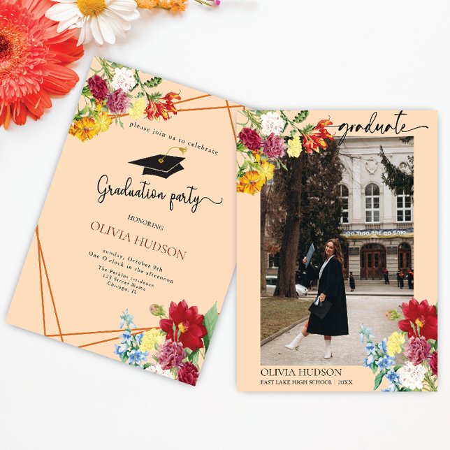 Gold glitter floral watercolor photo graduation  invitation (Creator Uploaded)