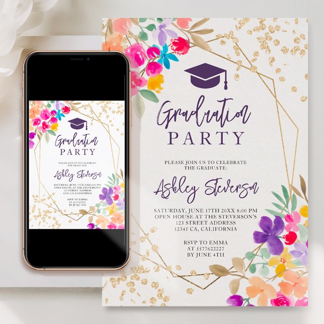 Gold glitter floral wildflower photo graduation invitation (Creator Uploaded)