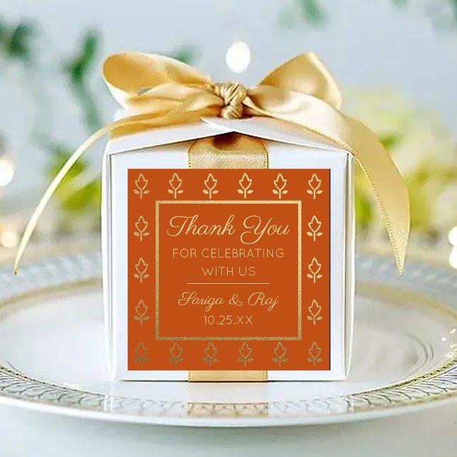 Gold Glitter Flower Wedding Return Gift Favour Square Sticker (indian wedding return gift favor sticker label, hindu wedding favors, sangeet mehndi favor packaging)