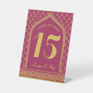 Gold Glitter Flower Wedding Table Number and Name Pedestal Sign