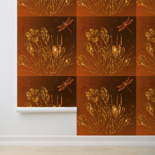 Gold Glitter Flowers and Dragonflies Wallpaper
