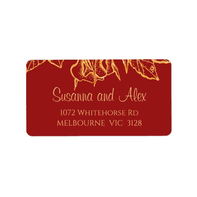 Gold Glitter Flowers on Dark Red Label (Front)