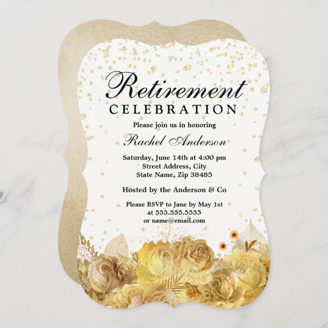 Gold Glitter Flowers Retirement Party Celebration Invitation (Front/Back)