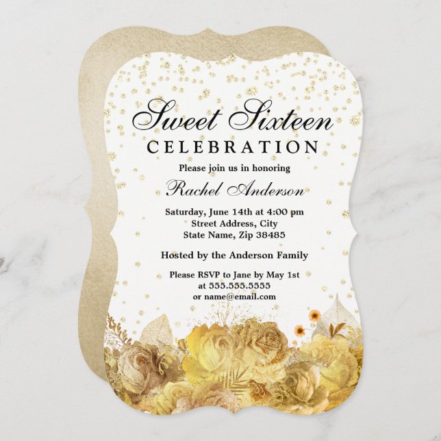 Gold Glitter Flowers Sweet 16 Invite (Front/Back)