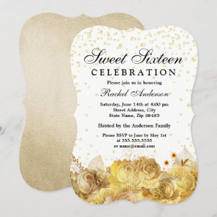 Gold Glitter Flowers Sweet 16 Invite