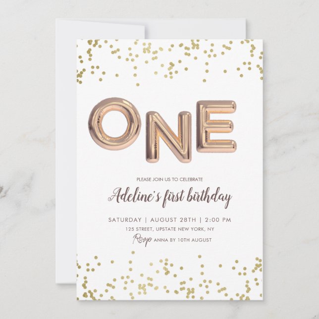 Gold Glitter Foil Balloon 1st Birthday Girl  Invitation (Front)