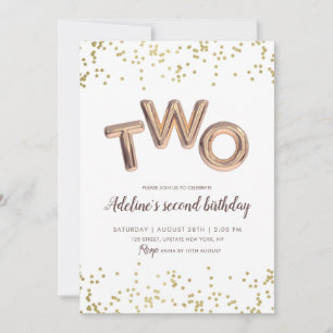 Gold Glitter Foil Balloon 2nd Birthday Girl Invitation