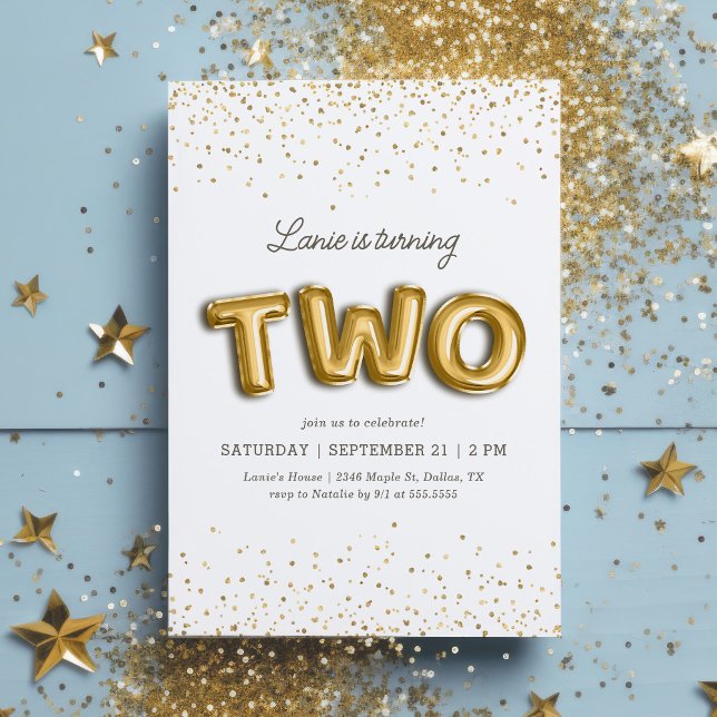 Gold Glitter Foil Balloon 2nd Birthday Invitation (Creator Uploaded)