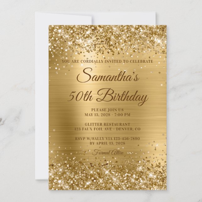 Gold Glitter Foil Golden Brown Text 50th Birthday Invitation (Front)