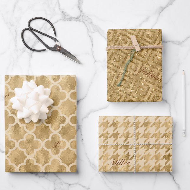 Gold Glitter Foil Pattern Monogrammed Christmas Wrapping Paper Sheet (Front)