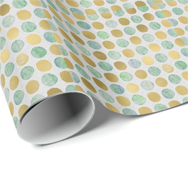 Gold Glitter Foil Polka Dots Modern Holiday White Wrapping Paper (Roll Corner)