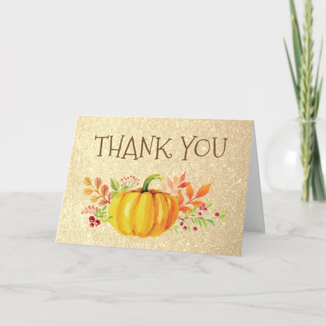 Gold Glitter Fold Pumpkin Fall Thank You Card (Front)