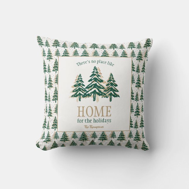 Gold Glitter & Forest Green Pine Tree Christmas Cushion (Front)