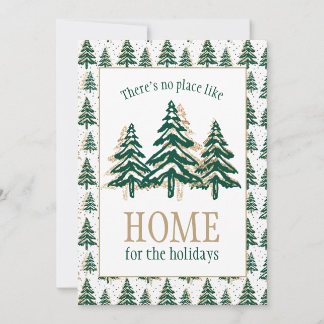 Gold Glitter & Forest Green Pine Tree Christmas Holiday Card (Front)