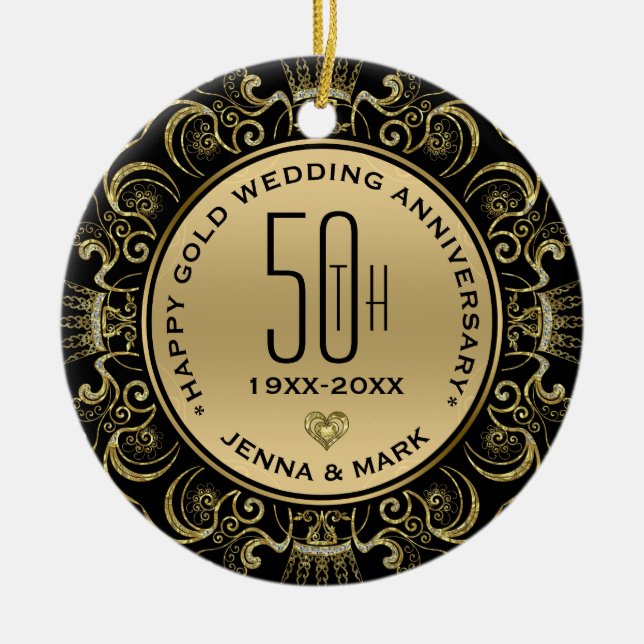 Gold Glitter Frame 50th Wedding Anniversary Ceramic Ornament (Front)