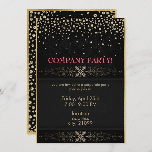 Gold Glitter Frame And Dots Invitation (Front/Back)