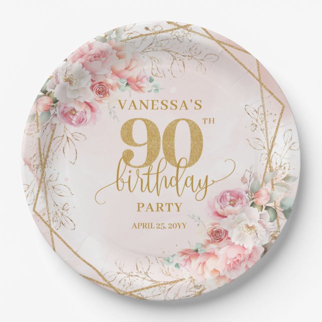 Gold Glitter Frame Blush Floral 90th Birthday  Paper Plate (Front)
