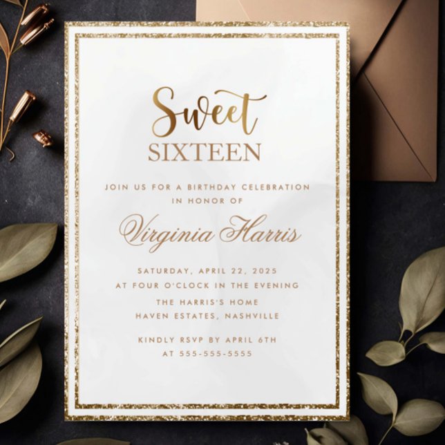 Gold Glitter Frame Cream Sweet Sixteen 16 Birthday Invitation (Creator Uploaded)