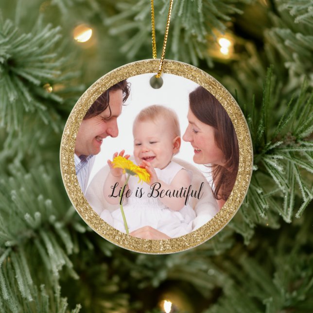 Gold Glitter Frame Personalized Photo and Quote Ceramic Ornament (Tree)
