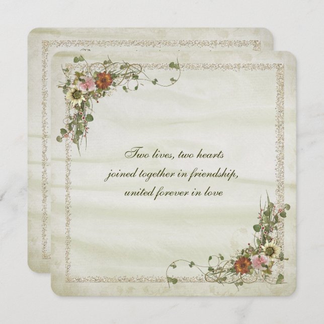 Gold glitter frame with floral bouquet invitation (Front/Back)