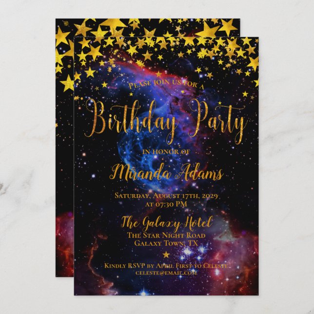 Gold Glitter Galaxy Stars Birthday Party Invitation (Front/Back)