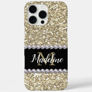 Gold Glitter Gems with Name and Mongram iPhone 16 Pro Max Case