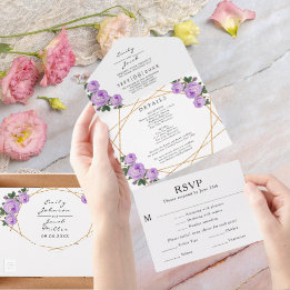Gold Glitter Geo Purple Floral Wedding RSVP Photo All In One Invitation