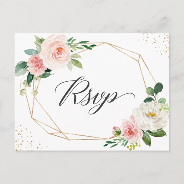 Gold Glitter Geometric Blush Floral Wedding RSVP Invitation Postcard (Front)