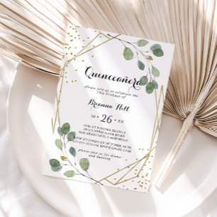Gold Glitter Geometric Greenery Quinceañera Invitation