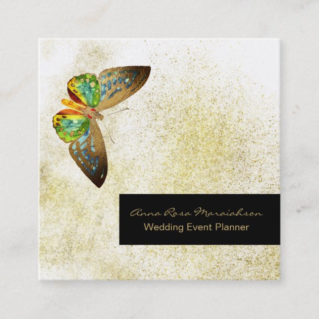 *~* Gold Glitter Gilded Butterfly Girly Chic White Square Business Card (Front)