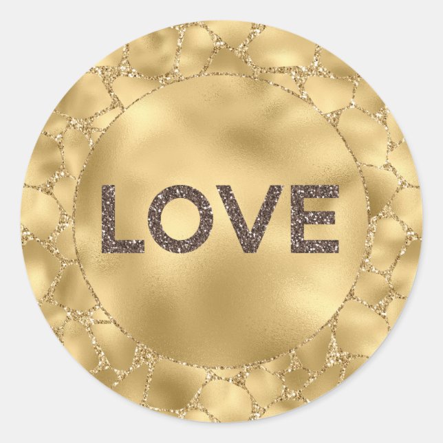 Gold Glitter Giraffe Print Love Classic Round Sticker (Front)