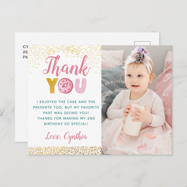 Gold Glitter Girl Doughnut Birthday Photo Thank Yo Postcard (Front/Back)