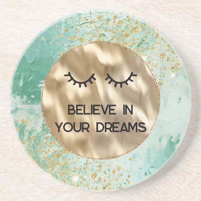 Gold Glitter Girly Glam Mint Paint Coaster (Front)