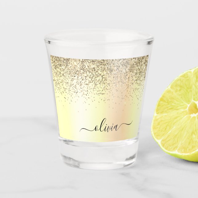 Gold Glitter Girly Luxury Modern Monogram Name Shot Glass (Front)