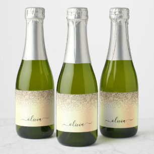Gold Glitter Girly Luxury Modern Monogram Name Sparkling Wine Label