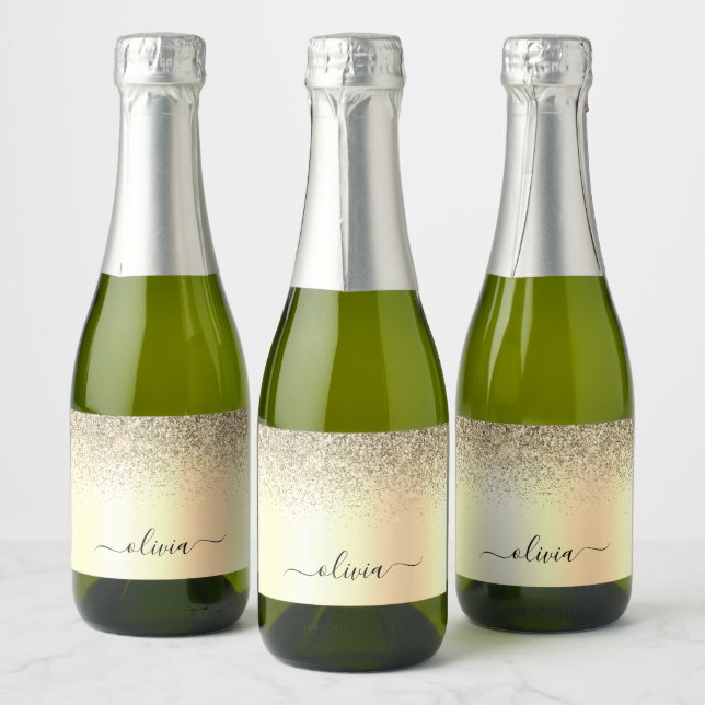 Gold Glitter Girly Luxury Modern Monogram Name Sparkling Wine Label (Bottles)