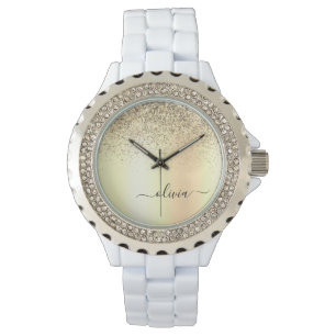 Gold Glitter Girly Luxury Modern Monogram Name Watch