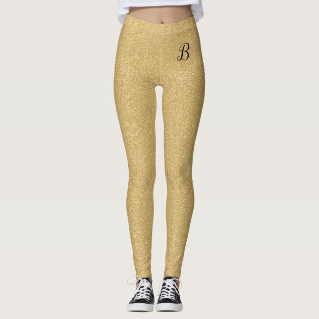 Gold Glitter Girly Trendy Classy Custom Monogram Leggings (Front)