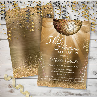 Gold Glitter Glam 50 and Fabulous Disco Ball Invitation
