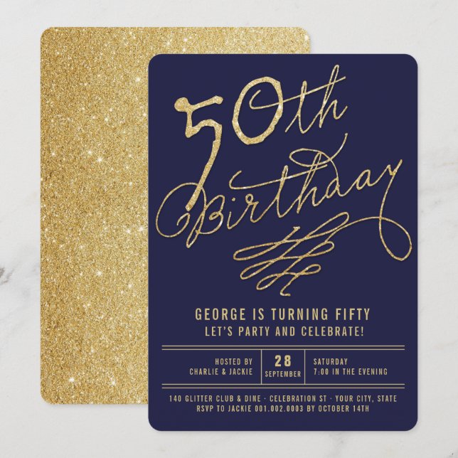 Gold Glitter Glam Adult 50th Birthday Party Invite (Front/Back)