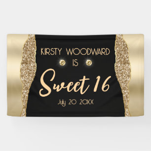 Gold Glitter Glam Edge & Diamonds Sweet 16 Banner