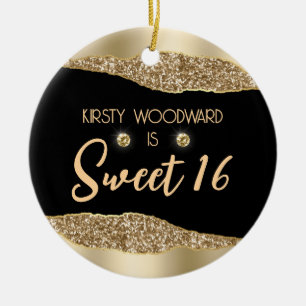 Gold Glitter Glam Edge & Diamonds Sweet 16 Ceramic Ornament